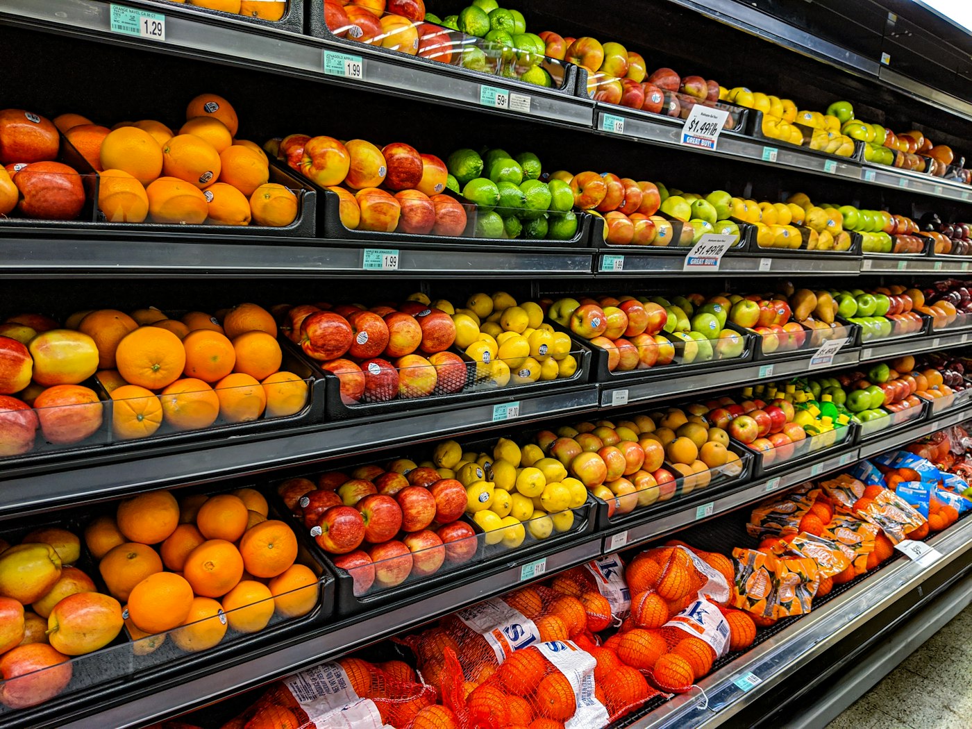 Fresh fruit and vegetables stocked in store